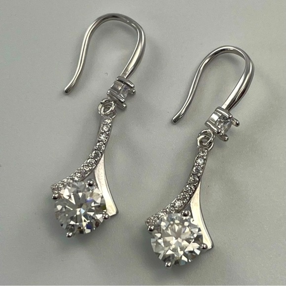 2CTW White Moissanite Round Cut Hook Back Silver Dangle Earrings Fine